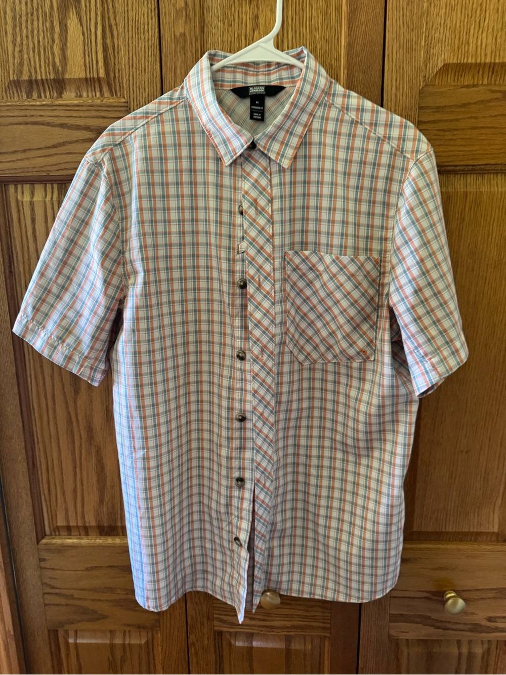Short-Sleeve Plaid Button-Up Shirt - White with Blue & Orange
